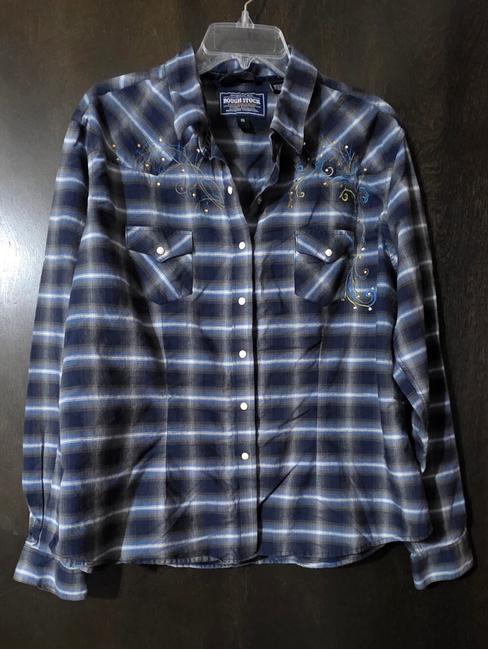 Rough Stock Women's Blue/Black Plaid Embroidered Snap-Down Shirt Size XXL